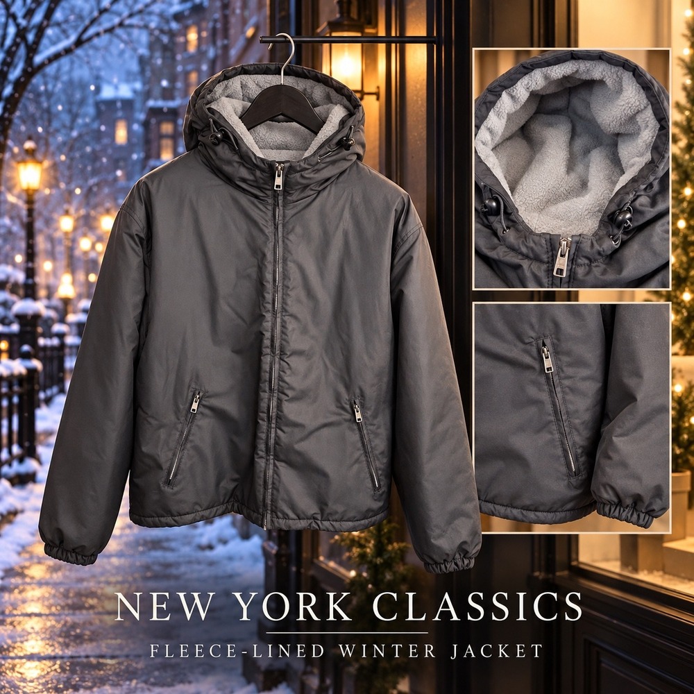 New York Classics Mens Winter Jacket Black Fleece Lined Hooded Puffer Coat XXL